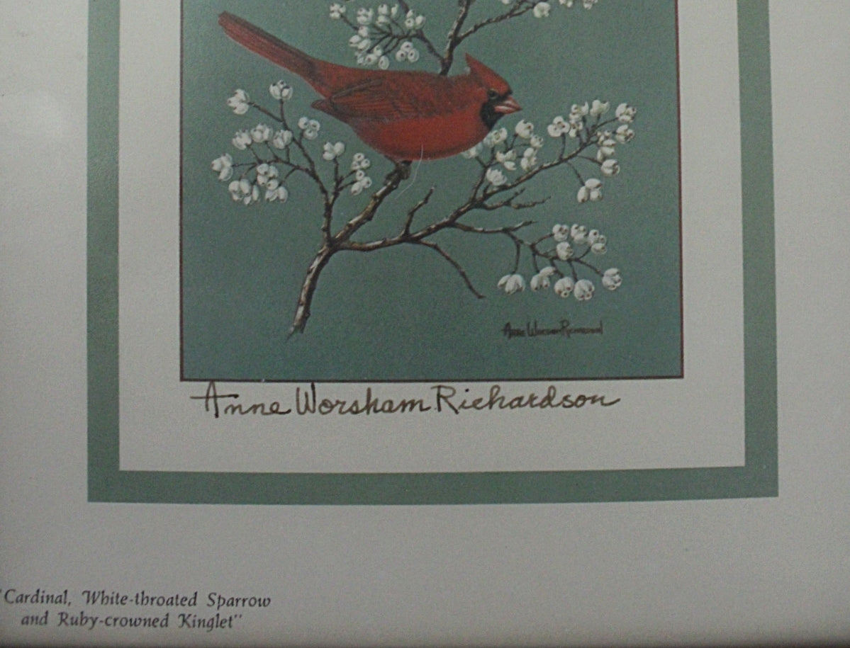  Lithograph Anne Worsham Richardson Three Birds on a Branch Closeup Signed area