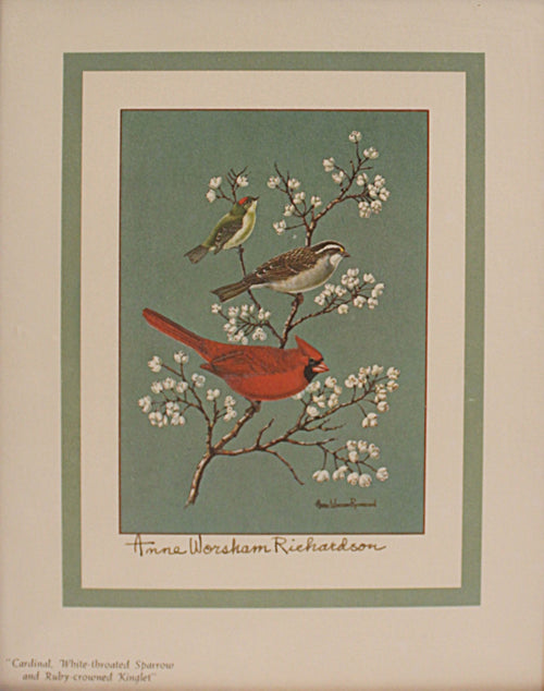  Lithograph Anne Worsham Richardson Three Birds on a Branch - shown without frame