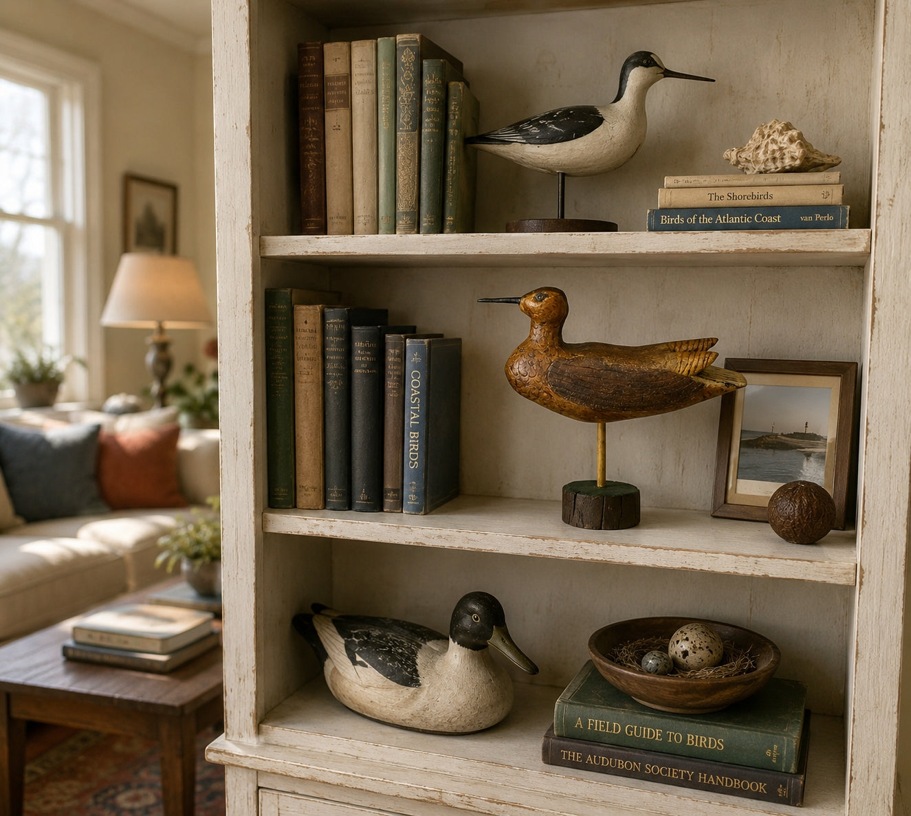 Bookshelf with decorative birds, books, and a framed picture in a home setting. the bird in the middle is signed Seth 93