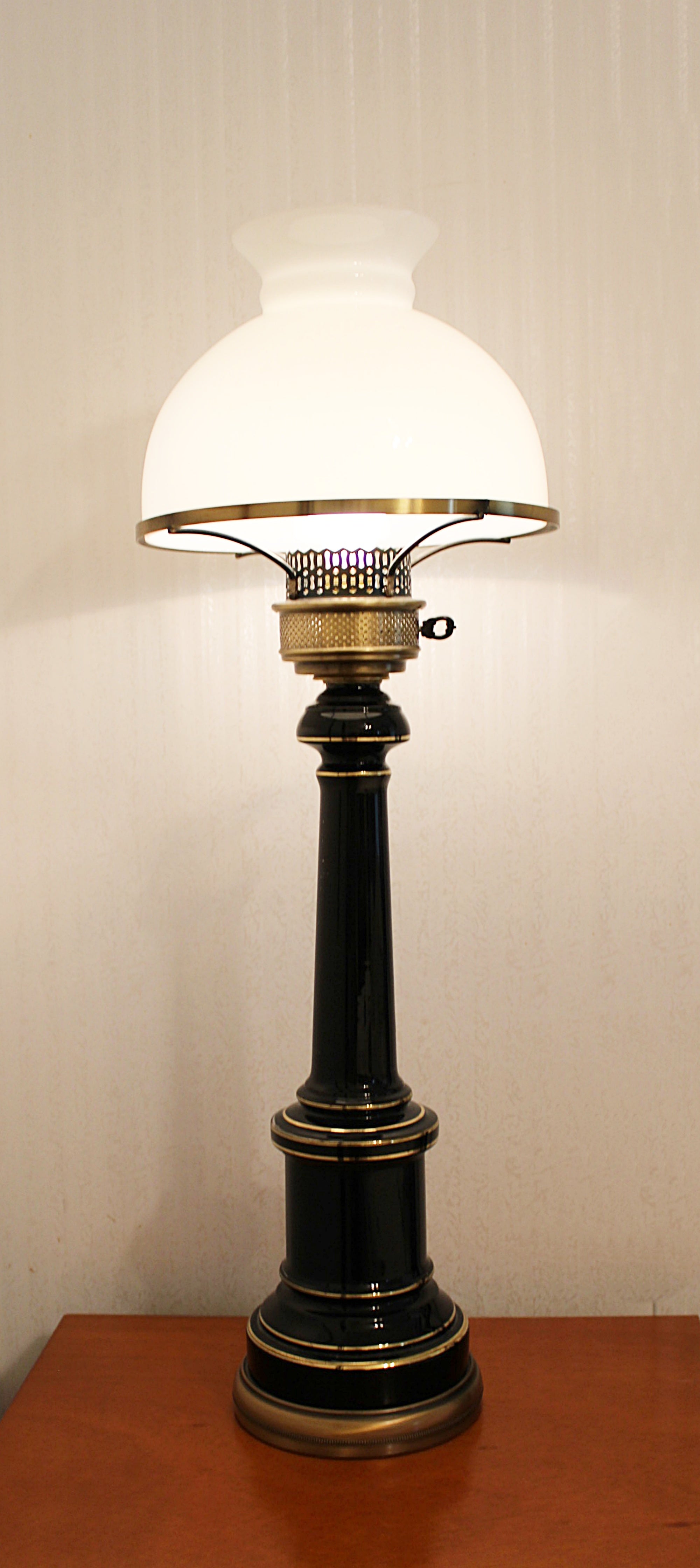 Black and Gold Enameled Vintage Desk or Table Lamp With Milk Glass Shade