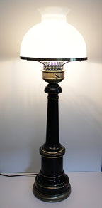 Black and Gold Enameled Vintage Desk or Table Lamp With Milk Glass Shade