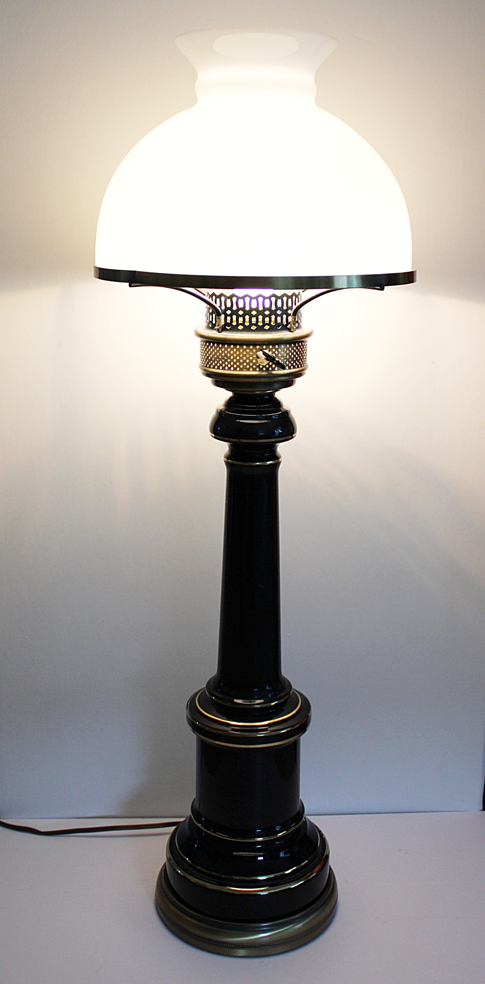 Black and Gold Enameled Vintage Desk or Table Lamp With Milk Glass Shade