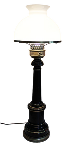 Black and Gold Enameled Vintage Desk or Table Lamp With Milk Glass Shade