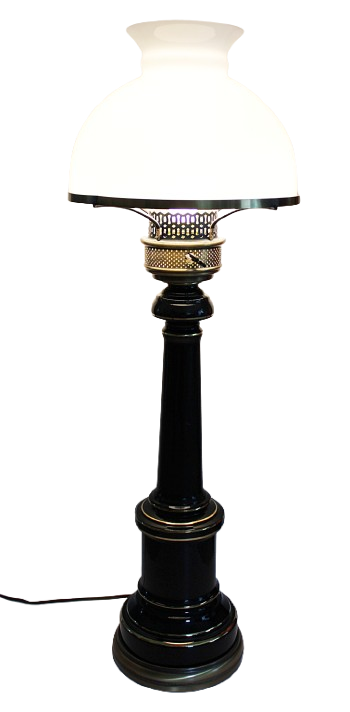 Black and Gold Enameled Vintage Desk or Table Lamp With Milk Glass Shade