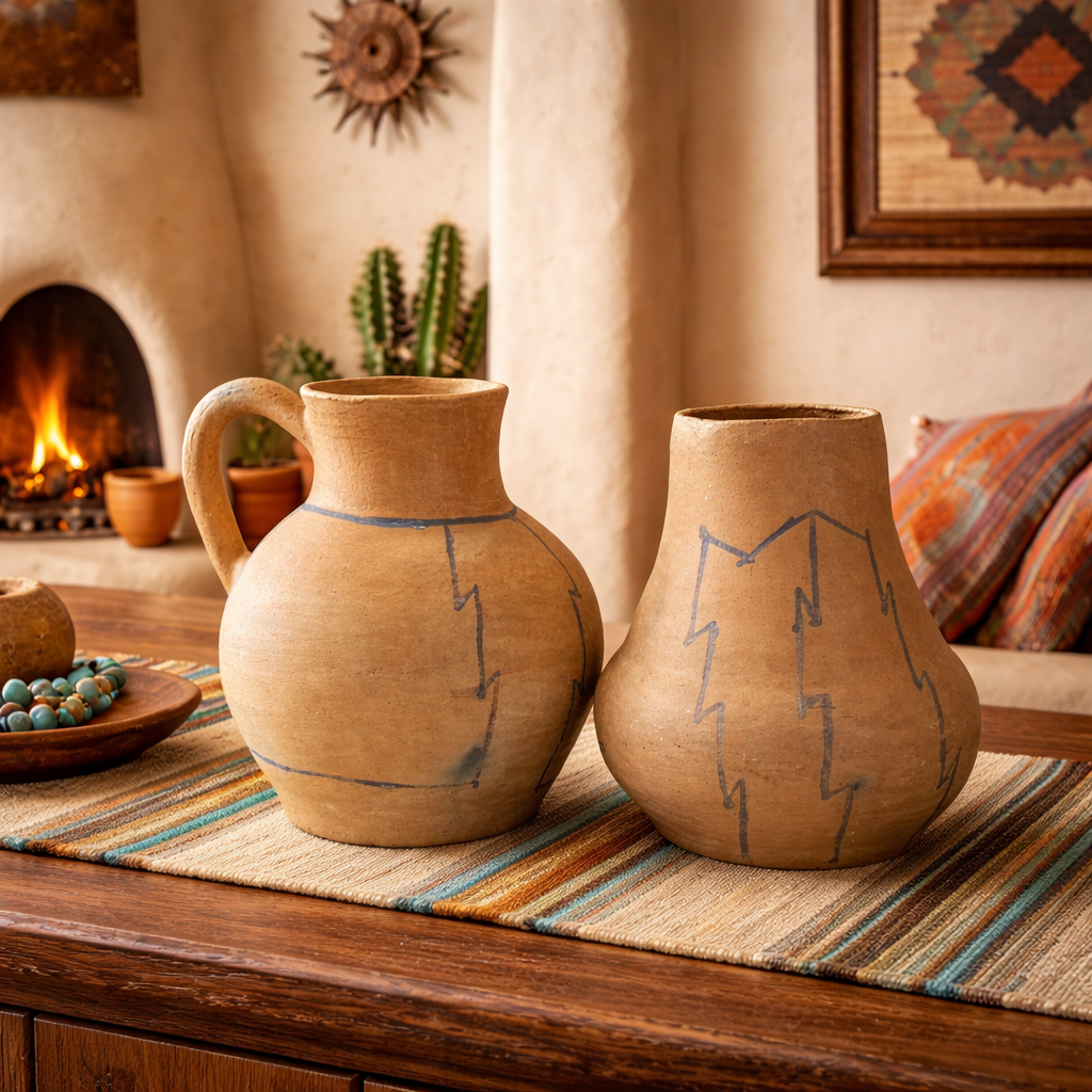 Southwestern Pottery Hand Coiled Buff Clay  Jar and Pitcher