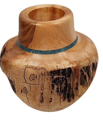 Wooden Vase Colorado Live Edges Inlaid Turquoise-Spinning Aspen Studio tipped foward