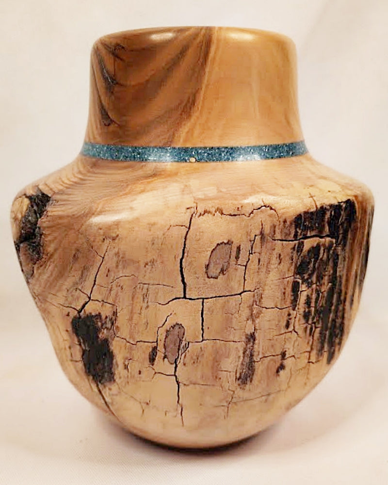 Wooden Vase Colorado Live Edges Inlaid Turquoise-Spinning Aspen Studio full view side 2