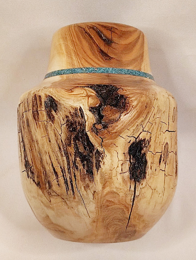 Wooden Vase Colorado Live Edges Inlaid Turquoise-Spinning Aspen Studio laying flat