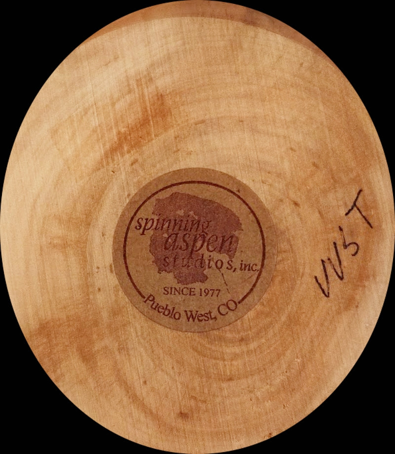 Wooden Vase Colorado Live Edges Inlaid Turquoise-Spinning Aspen Studio bottom tag closeup