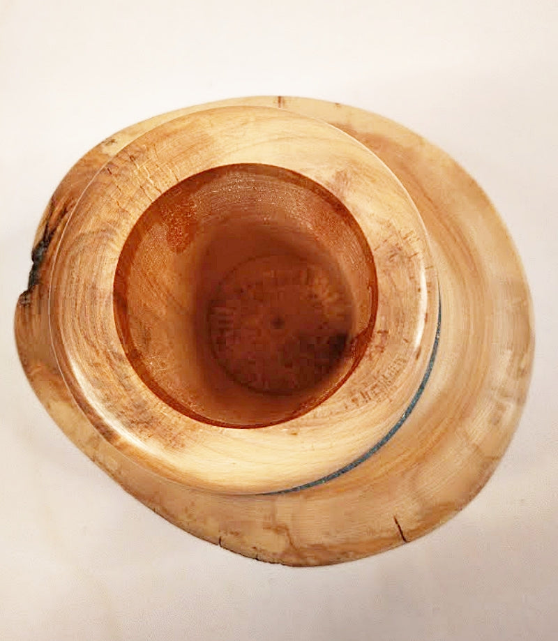 Wooden Vase Colorado Live Edges Inlaid Turquoise-Spinning Aspen Studio rim and inside view