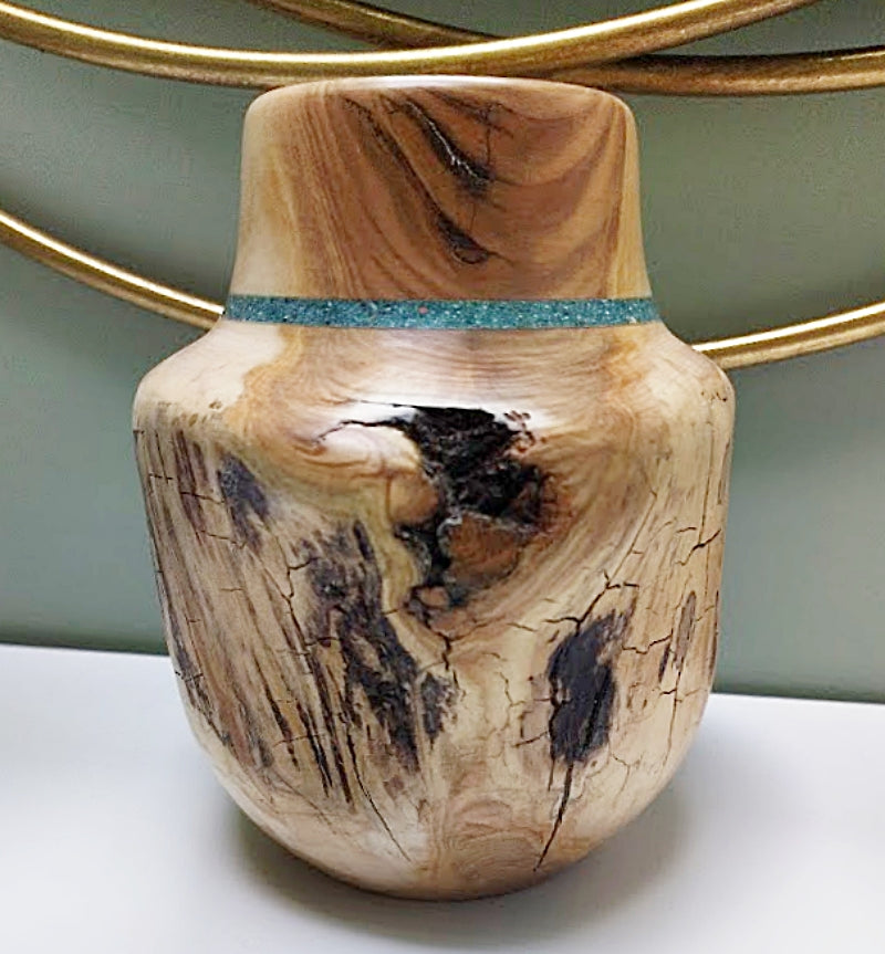 Wooden Vase Colorado Live Edges Inlaid Turquoise-Spinning Aspen Studio on shelf with green wall