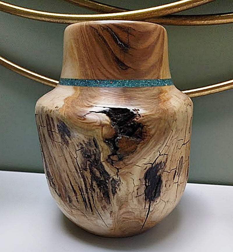 Wooden Vase Colorado Live Edges Inlaid Turquoise-Spinning Aspen Studio with green wall 2