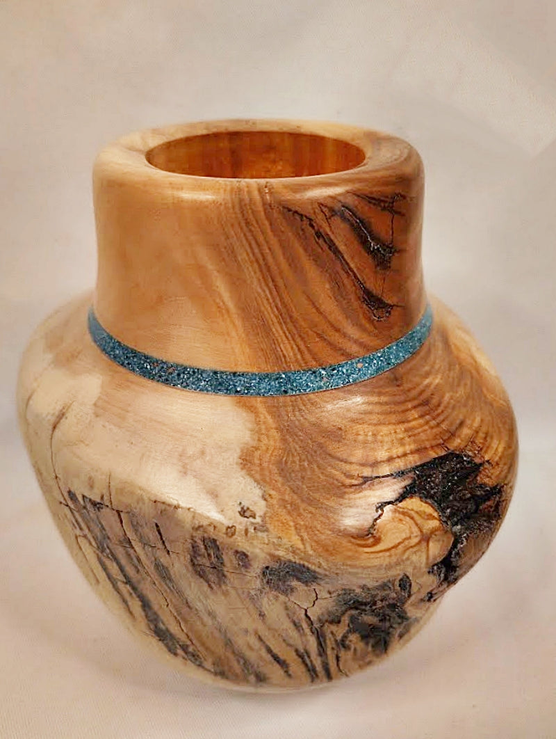 Wooden Vase Colorado Live Edges Inlaid Turquoise-Spinning Aspen Studio side 3