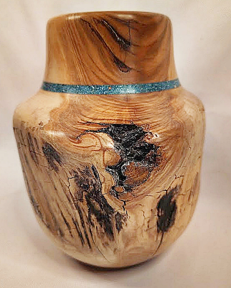Wooden Vase Colorado Live Edges Inlaid Turquoise-Spinning Aspen Studio side 3 closeup